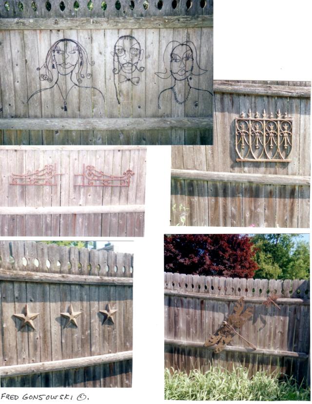 If you have a wooden fence like I do, or possibly a brick or stone wall, think of it like walls in your house, and hang up assorted metal or wood items to add visual interest.