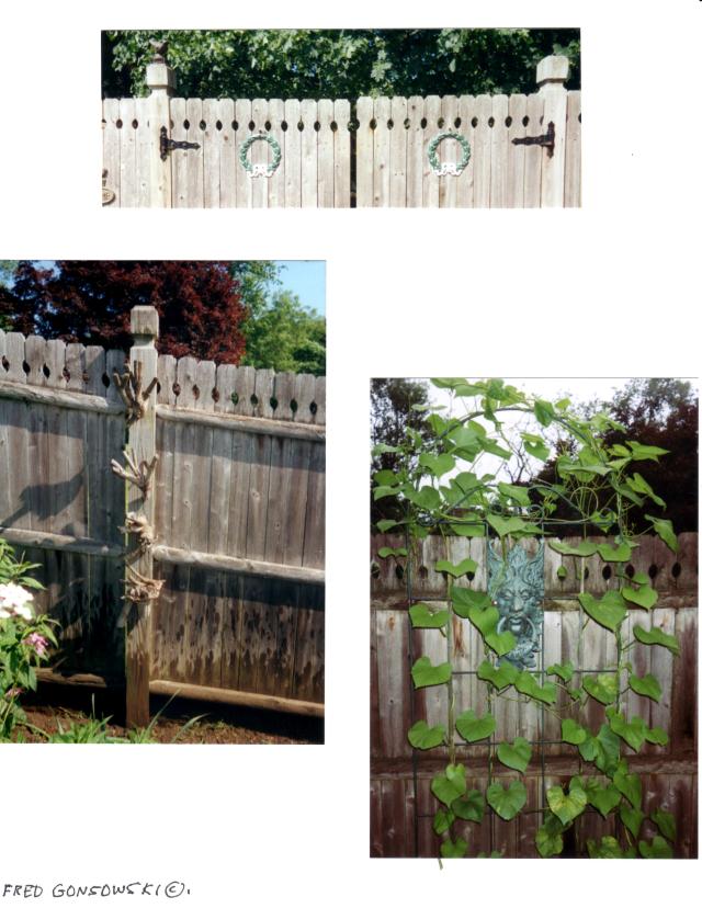 Metal decorations are inexpensive and easy to collect, but look at the photo on the left. It is a collection of roots wired together and hung on a fence post. Soo organic, and Soo inexpensive. o