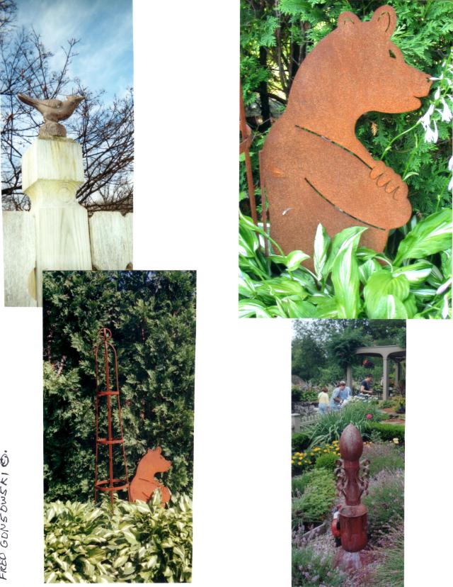 Top Left, an iron bluejay sits on top of a fence post. Two long nails hammered into the top of the post keep him from being blown to the ground by strong winds.