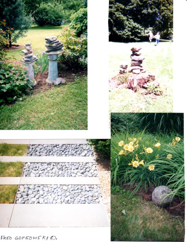 Stone is an important texture in a garden. Notice in the top left photo how stacked stones are balanced on the tops of two antique cast iron bird bath stands. The photo on the bottom right shows a stone sphere, which to me is a gardening must have.