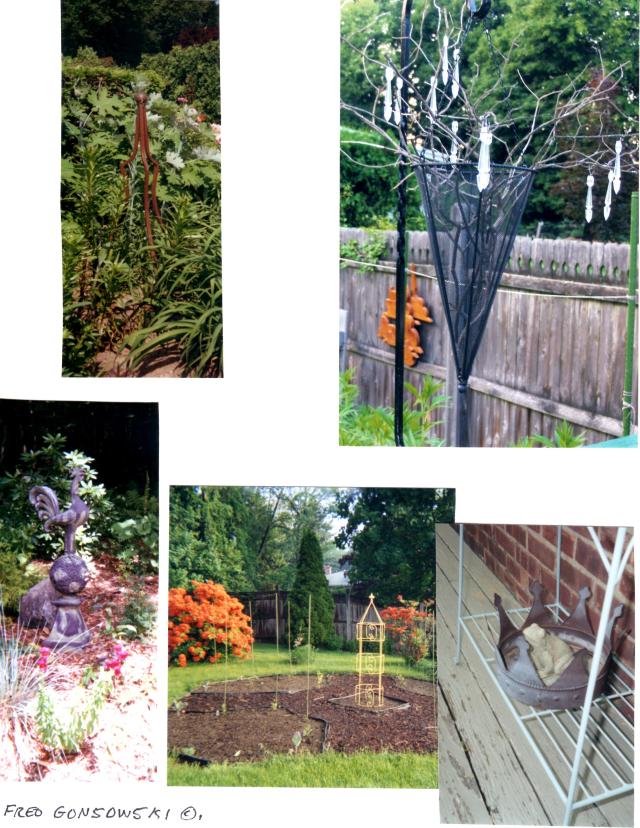 Different and quirky things add a personal touch to any garden. The top right photo shows a screen cone filled with branches and hung with prisms to make a fun outdoor decoration.