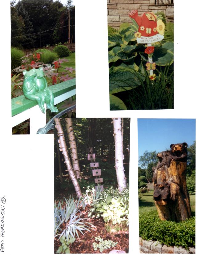 In the bottom left photo notice how the sculpture is taller than wide, and is in a place between white birches, that is also taller than wide. The sculpture mimics the space it is in. Bottom left, a wonderful sculpture of babe bears that belongs to my neighbors, but looks to be part of my garden. I love it and did not have to pay for it.