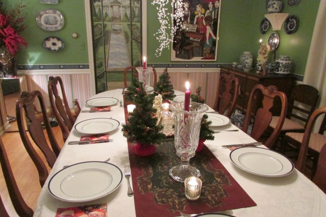 The dining table set for a holiday meal.