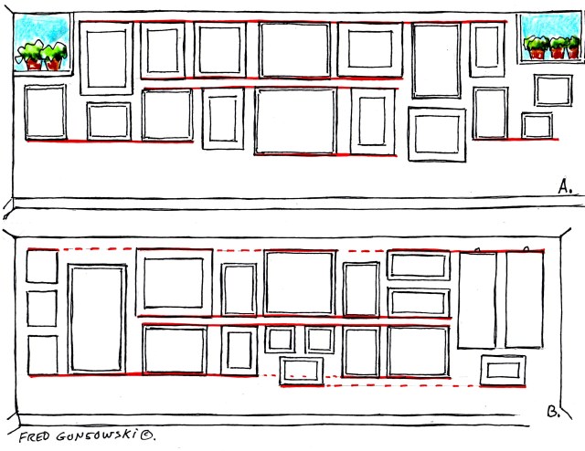 Creating a successful gallery wall depends on lining up the pieces in one way or another.