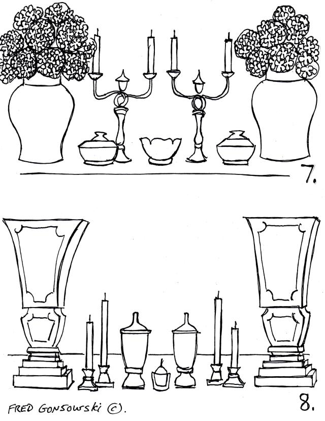 Making a tablescape with thick and heavy end elements and thin center pieces.