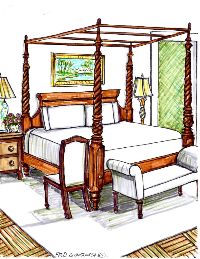 Sixteen possible ways of arranging bedroom furniture in a large bedroom. 