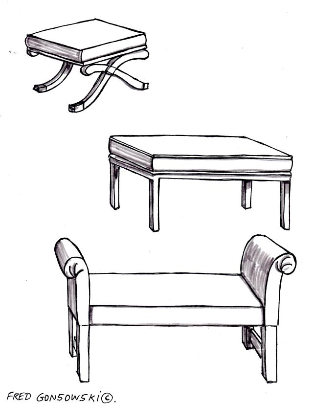 Three different styles of benches that could be used at the foot of a bed.