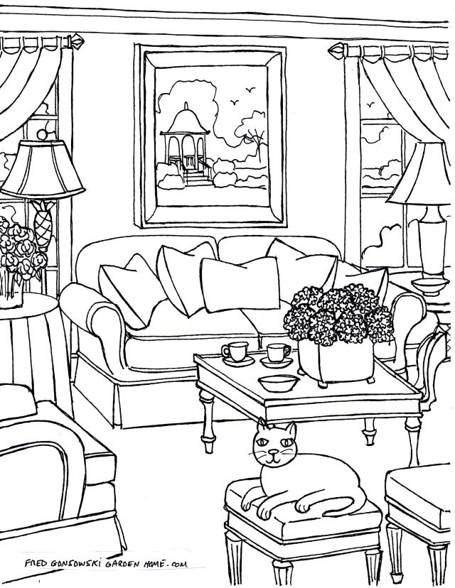 Some Fred Gonsowski drawings of Living Rooms for Adults to download, print and then color.