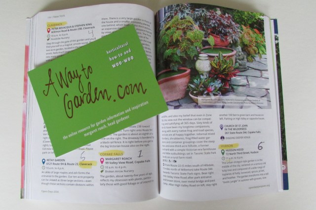 The Garden Conservancy 2016 Directory opened to the June 4th page with description and directions to Margaret's garden, along with her business card.