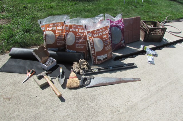 All the supplies I used to lay my cement pavers.