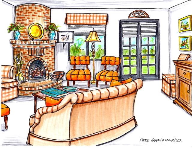 Twelve different ways of arranging furniture in a 20 foot by 20 foot living room with a fireplace in the corner and french doors.