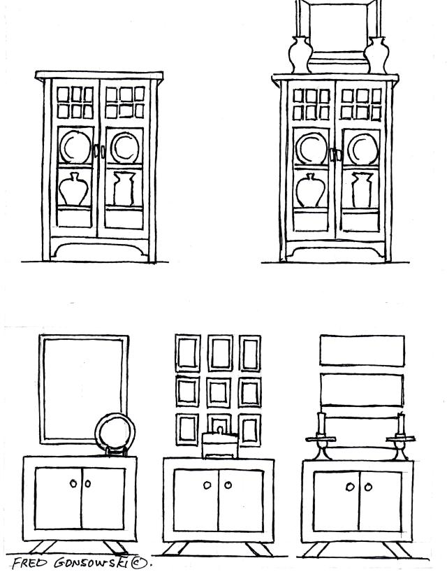 Furniture and decorative elements, that when grouped together suggest visual weight and vertical tension.