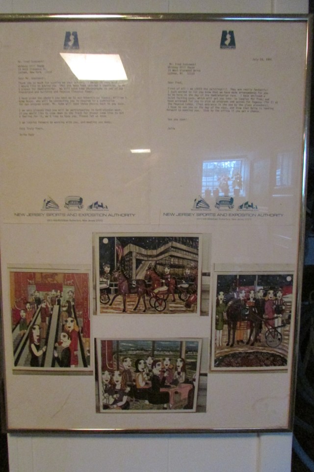 This is a photo of letters from Meadowlands Sports Complex in East Rutherford, New Jersey commissioning the four paintings shown in the photo, that were made to celebration the Hambletonian race, which is the Kentucky Derby of Harness Racing.