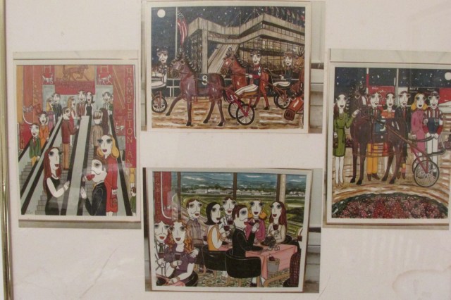 This is a closeup of the four paintings commissioned by Meadowlands Race Track. On the left is the escalator that brings you up into the grandstand showing Meadowlands banners for the Hambletonian Race. The top center is the Race Track itself, below that is a bit of a view of the Pegasus Restaurant, and on the right is the Winner's Circle.